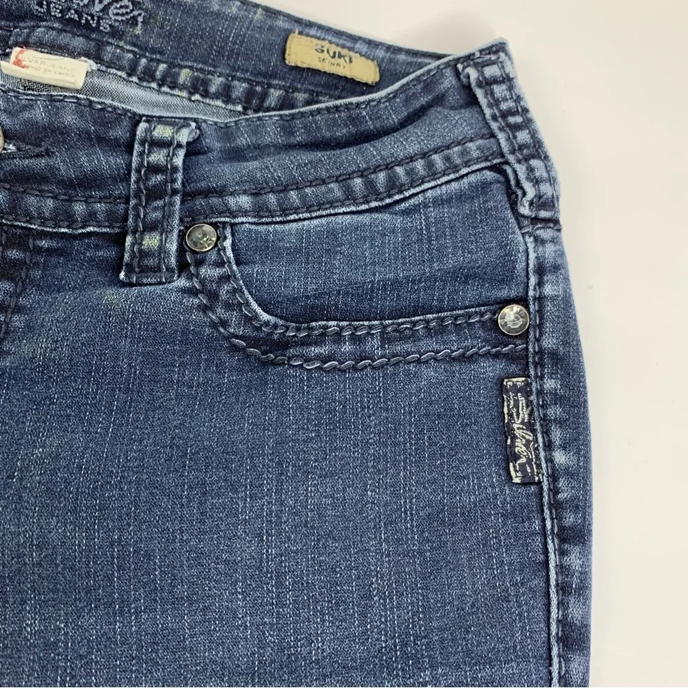 Silver SUKI Skinny Jeans with Embroidered Navy Blue S on Back Pockets W 29”X31”